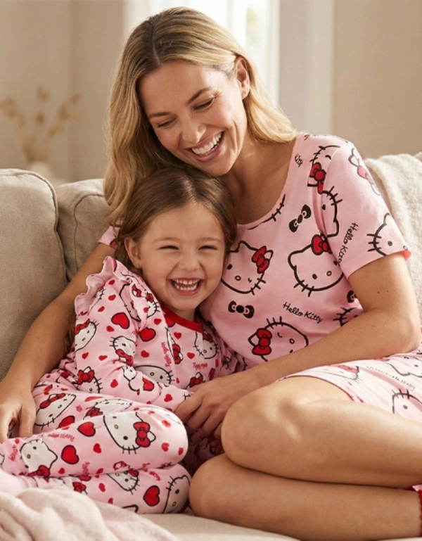 Przytulna scena przedstawiająca matkę i dziecko w dopasowanych piżamach Hello Kitty, przytulających się do siebie na beżowej kanapie. Przez okno wpada delikatne światło.