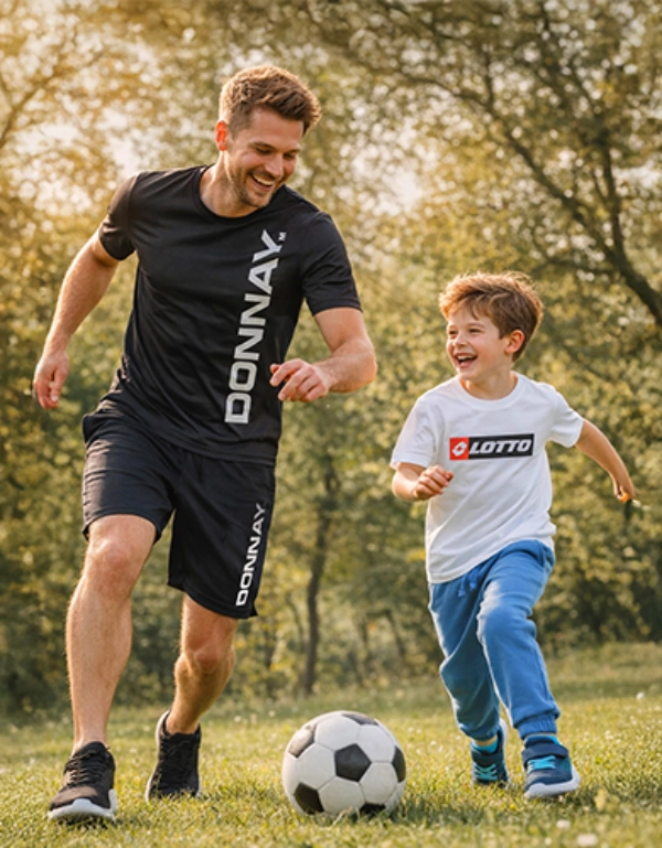 Mężczyzna i dziecko radośnie biegną razem po trawiastej łące, kopiąc piłkę nożną w ciepłym świetle słońca.