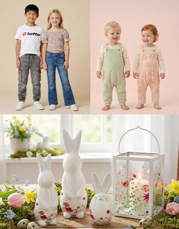 Dwoje dzieci w casualowych stylizacjach stoi razem, obok dwójki maluchów w miękkich ogrodniczkach. Na dekoracyjnym stoliku znajdują się porcelanowe króliki i latarnia.