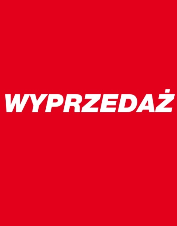 Pogrubiony biały tekst „WYPRZEDAŻ” na jasnoczerwonym tle, podkreślający oferty promocyjne lub rabaty.