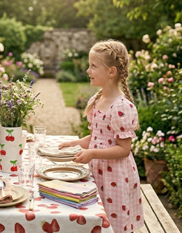 Kobieta i dziewczynka nakrywają do stołu na świeżym powietrzu w ogrodzie pełnym kwiatów, obok kamiennego domu, w ciągu dnia.