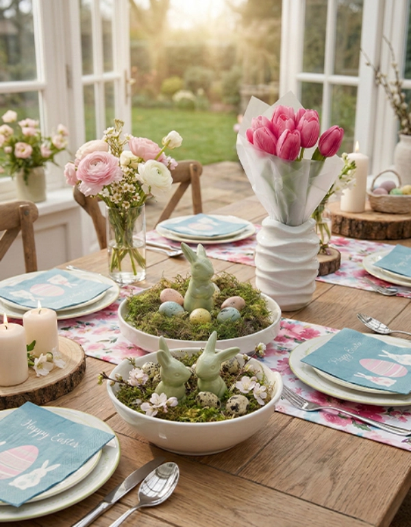 Pięknie nakryty stół jadalniany z kwiatowymi dekoracjami, świecami i pastelowymi ozdobami, skąpany w ciepłym świetle słonecznym wpadającym przez duże okna.