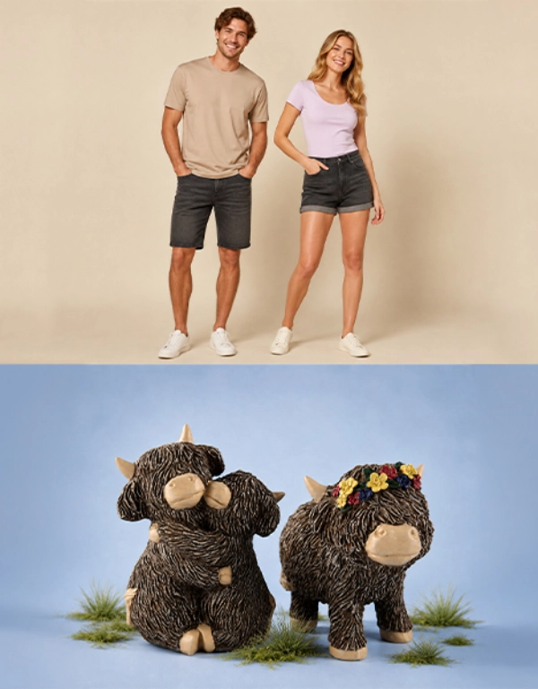 Letnia moda damska i męska z T-shirtami i jeansowymi szortami oraz dekoracyjne figurki krów Highland do domu i ogrodu