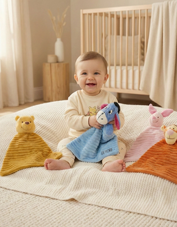 Dziecko siedzi na przytulnym kocu otoczone kolorowymi pluszowymi zabawkami i kocykami, tworząc ciepłą i zabawową atmosferę.