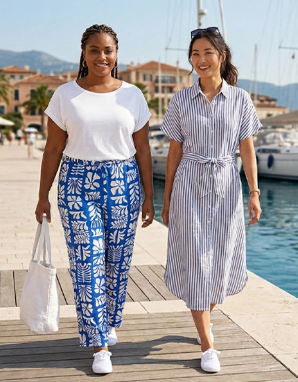 Dwie kobiety spacerują w letnich stylizacjach wzdłuż portu – lekka moda na stylowe i relaksujące chwile wakacyjne