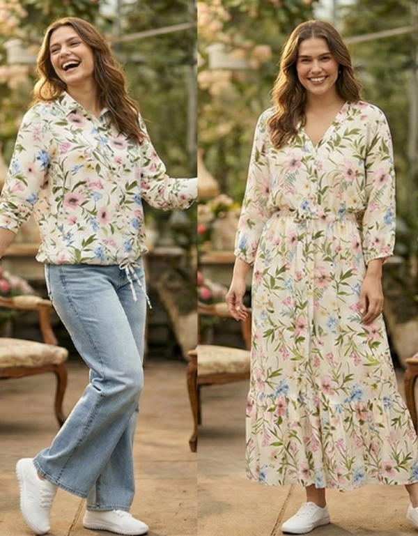 Szklarnia o tematyce kwiatowej wypełniona żywymi kwiatami, z osobą w swobodnym stroju po lewej stronie i długą suknią po prawej stronie.