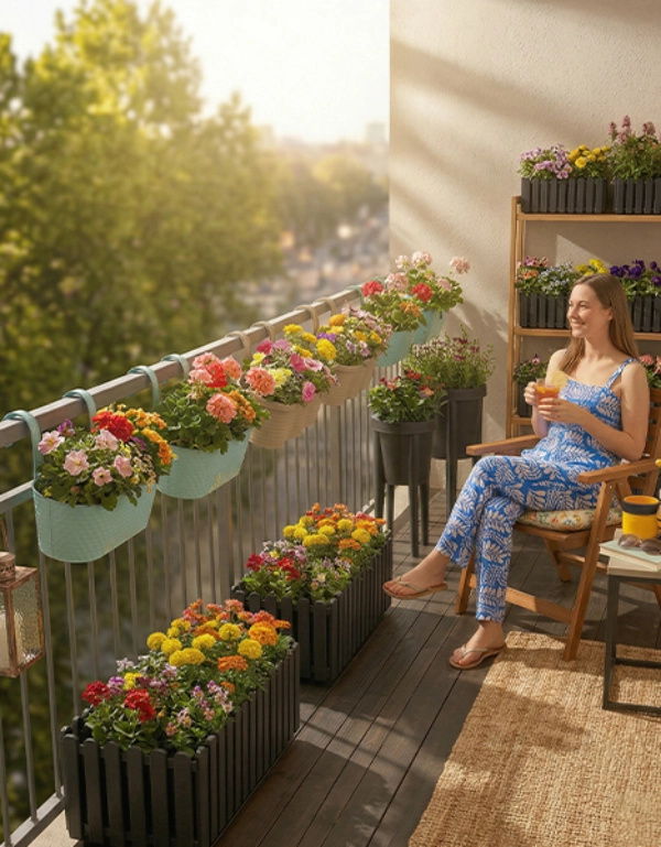 Kobieta relaksuje się z napojem na balkonie wśród kolorowych skrzynek z kwiatami – tworzy przytulną i pełną życia przestrzeń do odpoczynku