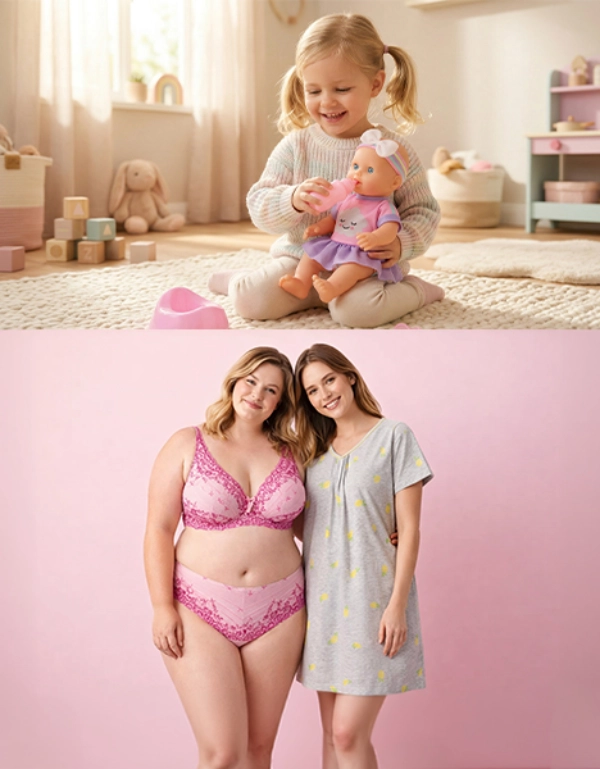 Dwoje dzieci w casualowych stylizacjach stoi razem, obok dwójki maluchów w miękkich ogrodniczkach. Na dekoracyjnym stoliku znajdują się porcelanowe króliki i latarnia.