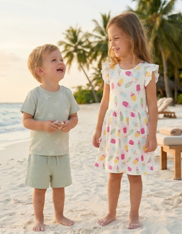 Dwoje dzieci w letnich ubraniach na plaży śmieje się razem – lekka odzież dziecięca na radosne chwile wakacyjne