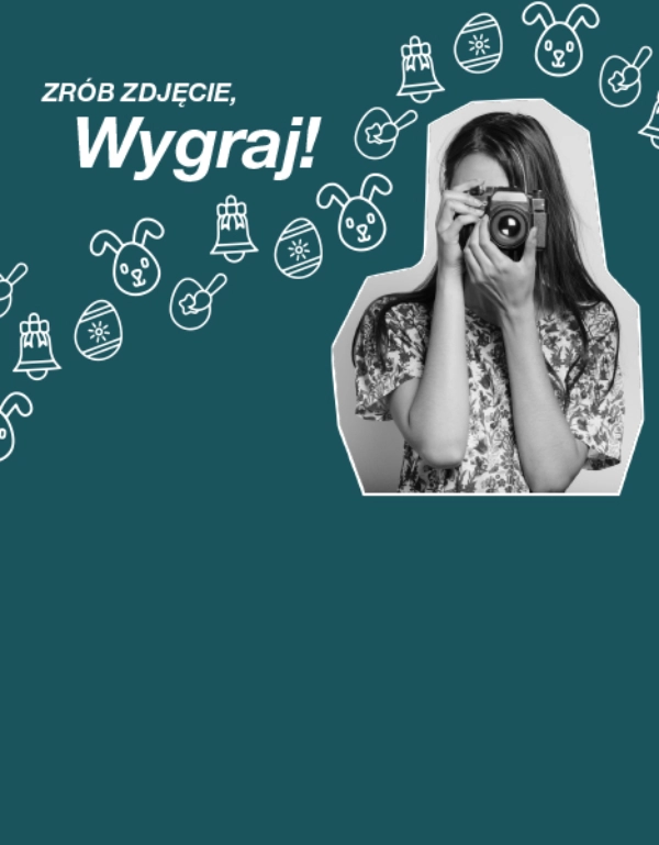 Osoba trzymająca częściowo zasłonięty aparat fotograficzny, otoczona zabawnymi ilustracjami dzwonków i ikonami wielkanocnymi na turkusowym tle.