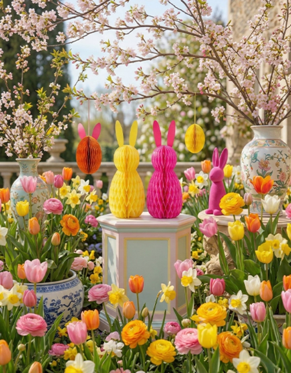 Kolorowe papierowe zajączki i różowy ceramiczny zając wśród kwitnących kwiatów i dekoracyjnych wazonów w tętniącym życiem wiosennym ogrodzie.