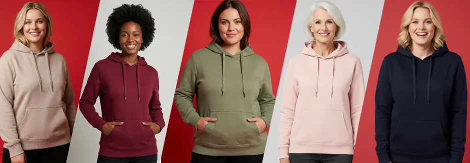 Fünf Personen tragen Hoodies in verschiedenen Farben: Beige, Burgund, Olivgrün, Rosa und Marineblau, vor einem dynamischen Hintergrund.