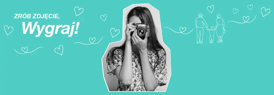 Grafika konkursowa z napisem ‘Zrób zdjęcie, Wygraj!’ na turkusowym tle, z ilustracją rodziny i serduszkami.