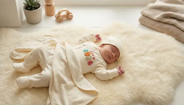 Niemowlę w jasnym pajacyku na miękkim futrze, obok koc i drewniana zabawka. Niemowlę w jasnym pajacyku na miękkim futrze, obok koc i drewniana zabawka.