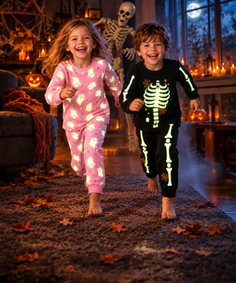 Dzieci w piżamach na Halloween z motywami duchów i szkieletów