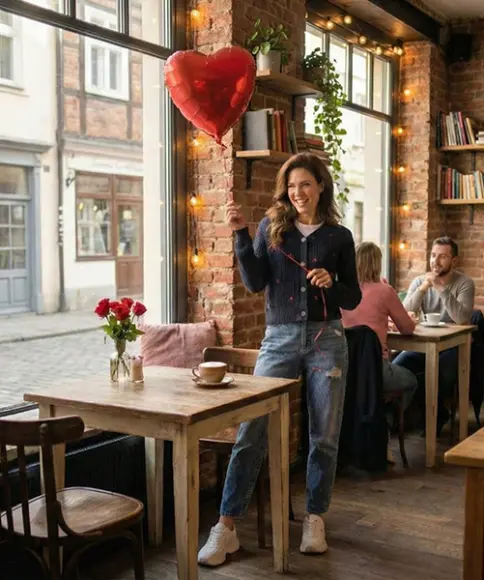 Osoba trzyma czerwony balon w kształcie serca w przytulnej kawiarni o rustykalnym wystroju.