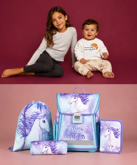 Einhorn Schulranzen Set und Kinder für den Schulstart