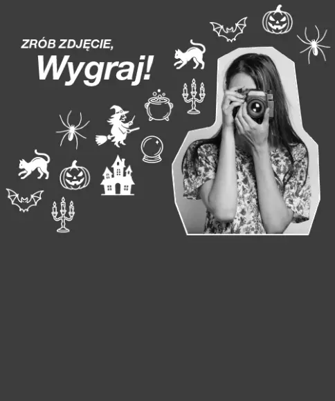Halloweenowy konkurs fotograficzny z aparatem i motywami dyni, czarownicy i nietoperzy