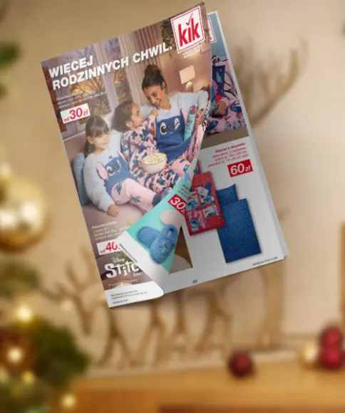 Aktualna gazetka KiK z ofertami w świątecznej scenerii