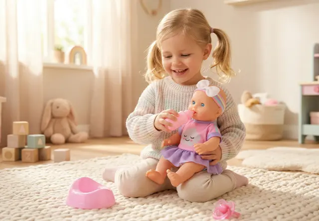 Małe dziecko z warkoczykami siedzi na dywanie i karmi lalkę butelką z zabawkami w jasnym, przytulnym pokoju. Małe dziecko z warkoczykami siedzi na dywanie i karmi lalkę butelką z zabawkami w jasnym, przytulnym pokoju.