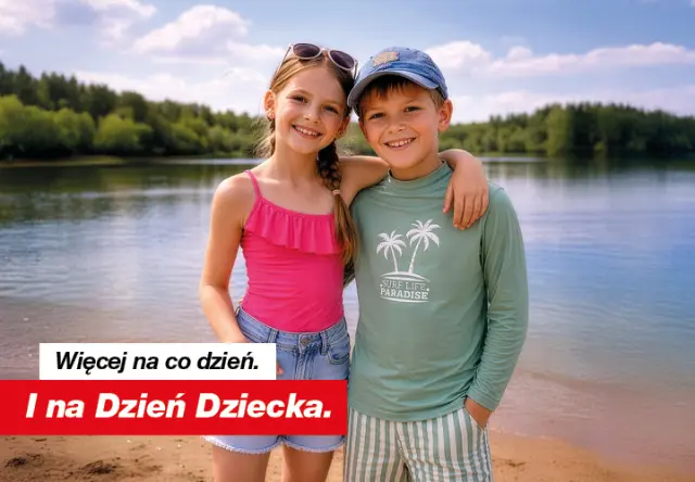 Dwoje dzieci stojących ramię w ramię nad jeziorem w słoneczny dzień, z polskim napisem promującym Dzień Dziecka Dwoje dzieci stojących ramię w ramię nad jeziorem w słoneczny dzień, z polskim napisem promującym Dzień Dziecka